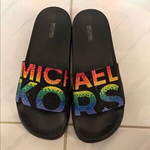 Michael Kors Black Slides with Rainbow Logo Rhinestones